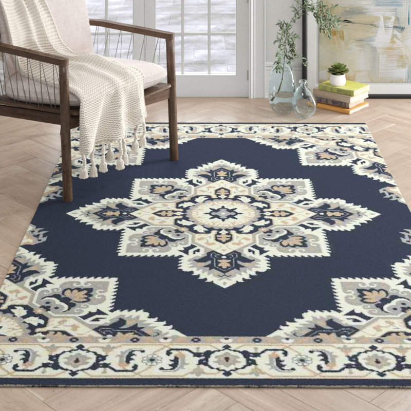 Landrienne Persian Inspired Handmade Tufted Wool Dark Blue/Natural/Gray